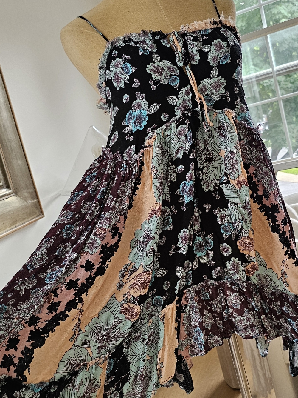 Free People Floral Strap Dress in Black, Mint & Mauve Size XS